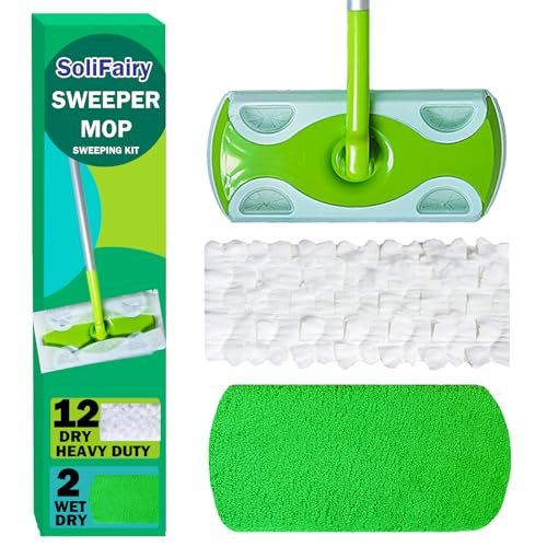 SoliFairy Sweeper Mop, Dry & Wet 2-in-1 Floor Mopping and Sweeping Kit, Includes 51" Sweeper Handle, 12 Heavy Duty Dry Cloths, 2 Reusable Wet & Dry Pads for Swiffer Sweeper, Dust Mop - Image 1
