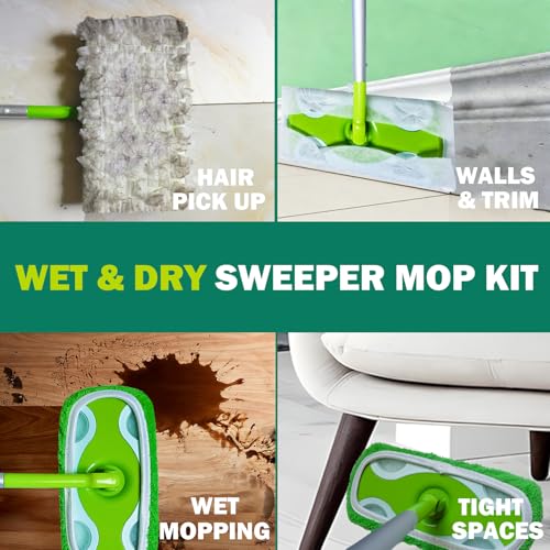 SoliFairy Sweeper Mop, Dry & Wet 2-in-1 Floor Mopping and Sweeping Kit, Includes 51" Sweeper Handle, 12 Heavy Duty Dry Cloths, 2 Reusable Wet & Dry Pads for Swiffer Sweeper, Dust Mop - Image 3
