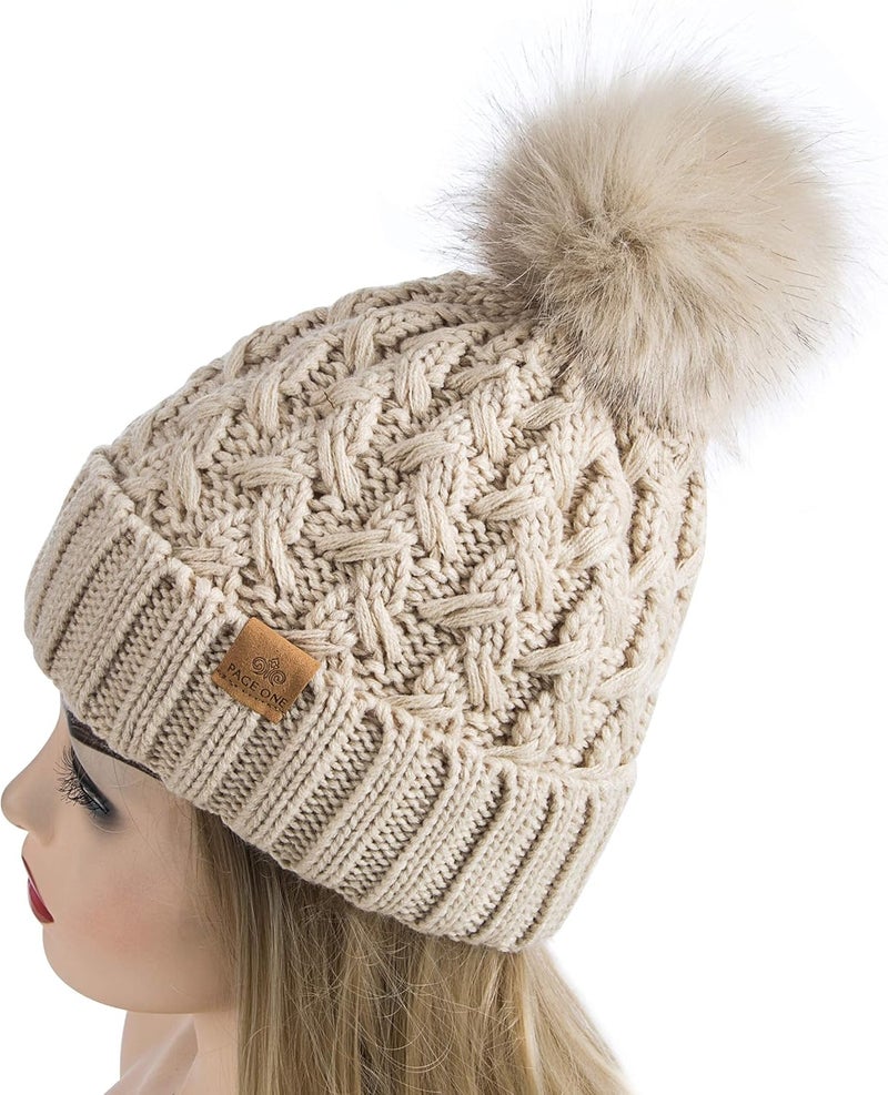 PAGE ONE Womens Winter Ribbed Beanie Crossed Cap Chunky Cable Knit Pompom Soft Warm Hat - Image 3