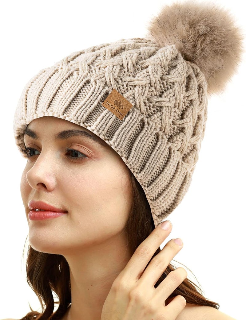 PAGE ONE Womens Winter Ribbed Beanie Crossed Cap Chunky Cable Knit Pompom Soft Warm Hat - Image 2