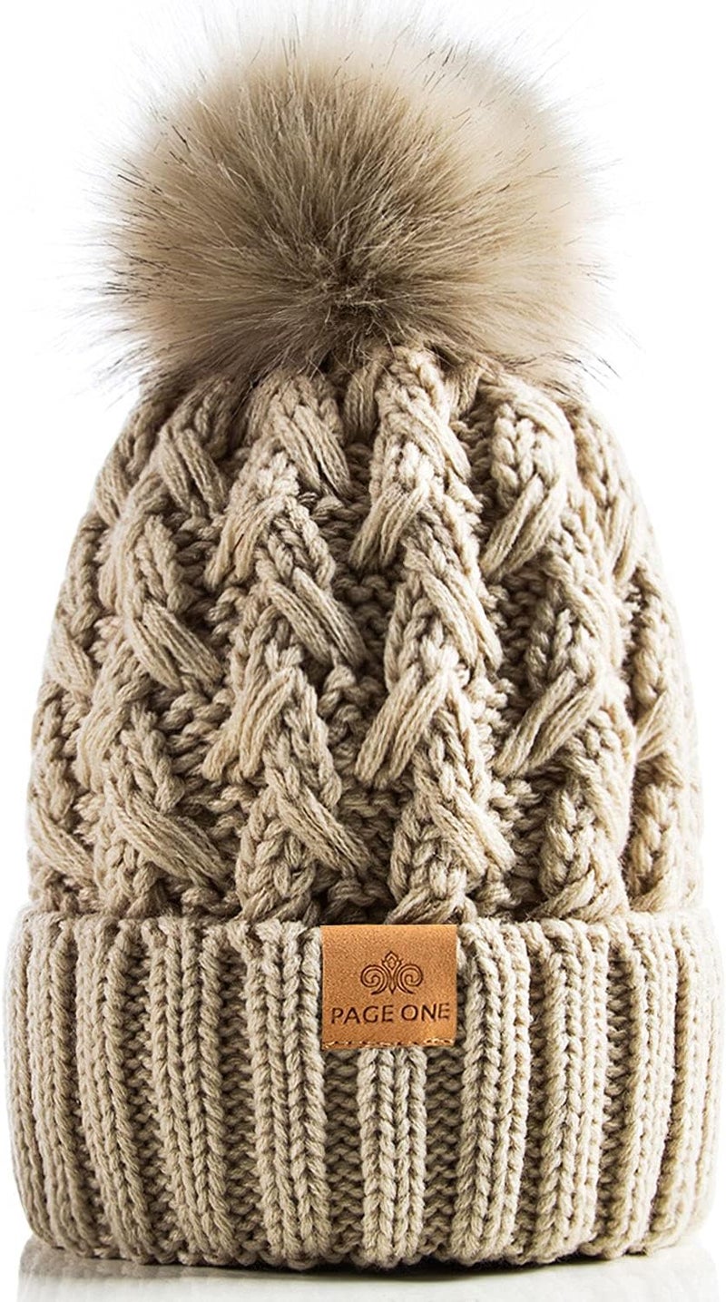 PAGE ONE Womens Winter Ribbed Beanie Crossed Cap Chunky Cable Knit Pompom Soft Warm Hat - Image 1