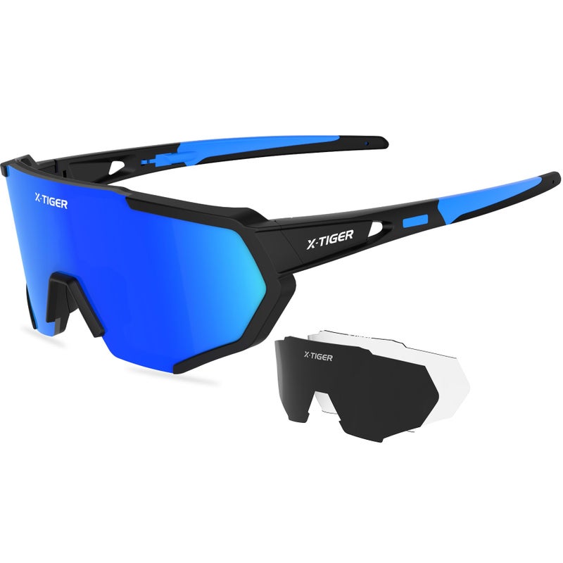 Xtiger X-TIGER Polarized Cycling Bike Sunglasses,Bicycle Glasses with 3 Interchangeable Lenses (Blackblue) - Image 1
