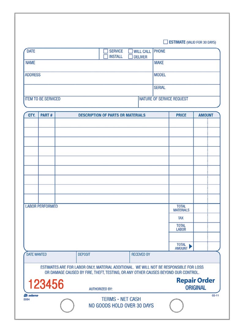 Adams Repair Order Book, 3-Part Carbonless, White/White/White, 5-9/16 x 8-7/16 Inches, 50 Sets (T5084) - Image 1