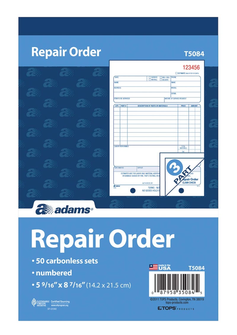 Adams Repair Order Book, 3-Part Carbonless, White/White/White, 5-9/16 x 8-7/16 Inches, 50 Sets (T5084) - Image 2