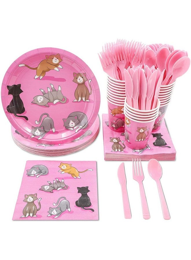 Juvale Cat Birthday Party Supplies Paper Plates Napkins Cups And Plastic Cutlery (Serves 24 144 Pieces) - Image 1