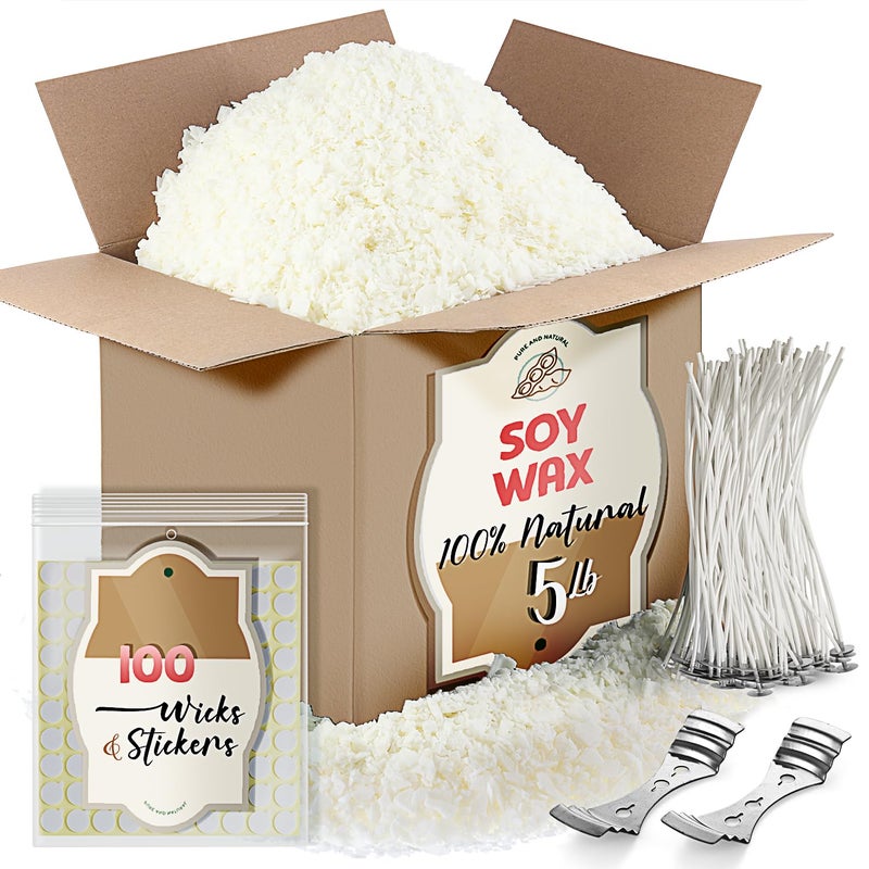 Etienne Alair Etienne Alair Soy Candle Wax for Candle Making - Natural Soy Wax for Candle Making 5 lb Bag, Premium Soy Wax Flakes, 100 Cotton Candle Wicks, 100 Wick Stickers, & 2 Centering Devices - 5 Lbs  - Image 1