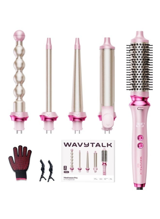 wavytalk Heatwave Pro 5-in-1 Curling Iron Set, Ceramic Curling Wand with 4 Interchangeable Barrels & Curling Brush, Ionic Anti-Frizz Hair Styler, Fast 30-Second Heat-Up, Dual Voltage, Pink - Image 1