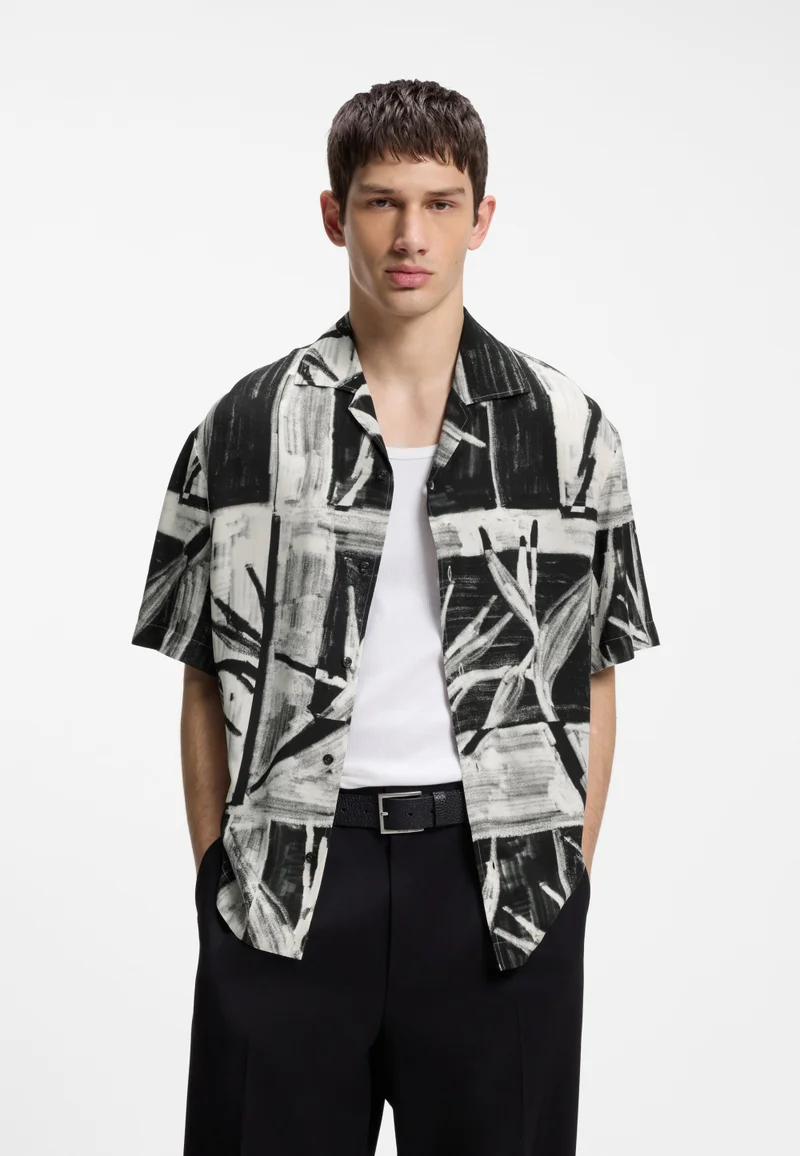 HUGO Oversized-fit printed shirt with camp collar