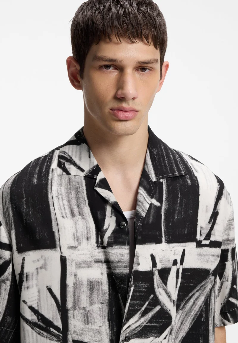 HUGO Black Oversized-fit printed shirt with camp collar for Men | Best Price UAE