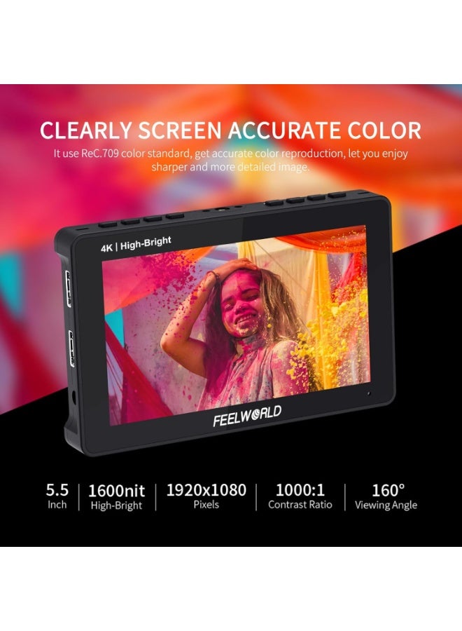 FEELWORLD F5 ProX 5.5" 1600nit High-Bright Touchscreen Camera Field Monitor – 1920x1080 Full HD IPS, 4K HDMI In/Out, 3D LUT, Waveform/Vectorscope/Histogram, Type-C Input, F970 External Install & Power Kit, For DSLR & Mirrorless - Image 3
