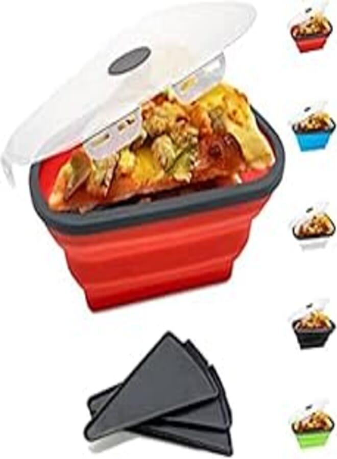 Reusable Pizza Slice Storage Container, The Perfect Pizza Box with 5 Reheatable Serving Trays, Adjustable Pizza Leftover Container Storage with Lids to Organize and Save Space (Triangle-Red)