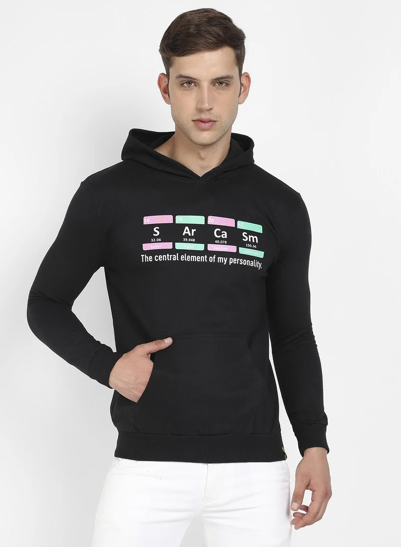 Campus Sutra Men's Onyx Black Sarcasm-Imprint Pullover Hoodie