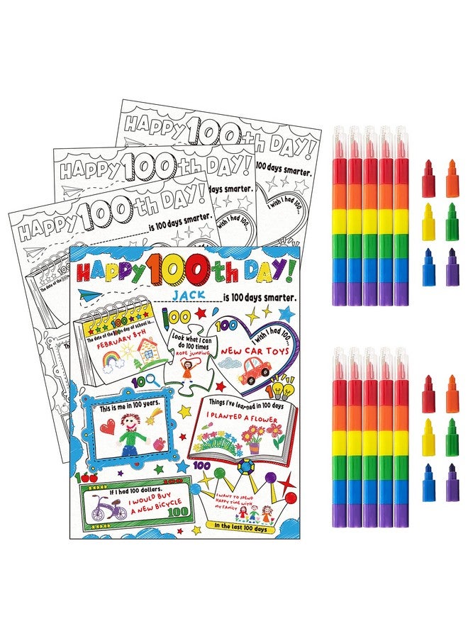 Cinrobiye 30 Pcs Happy 100th Day Coloring Poster Pack with 30 Stacking Crayons for School Party Favors，100 Days of School Ideas Project Chart Fill in Poster School Craft Classroom Activities Supply - Image 1