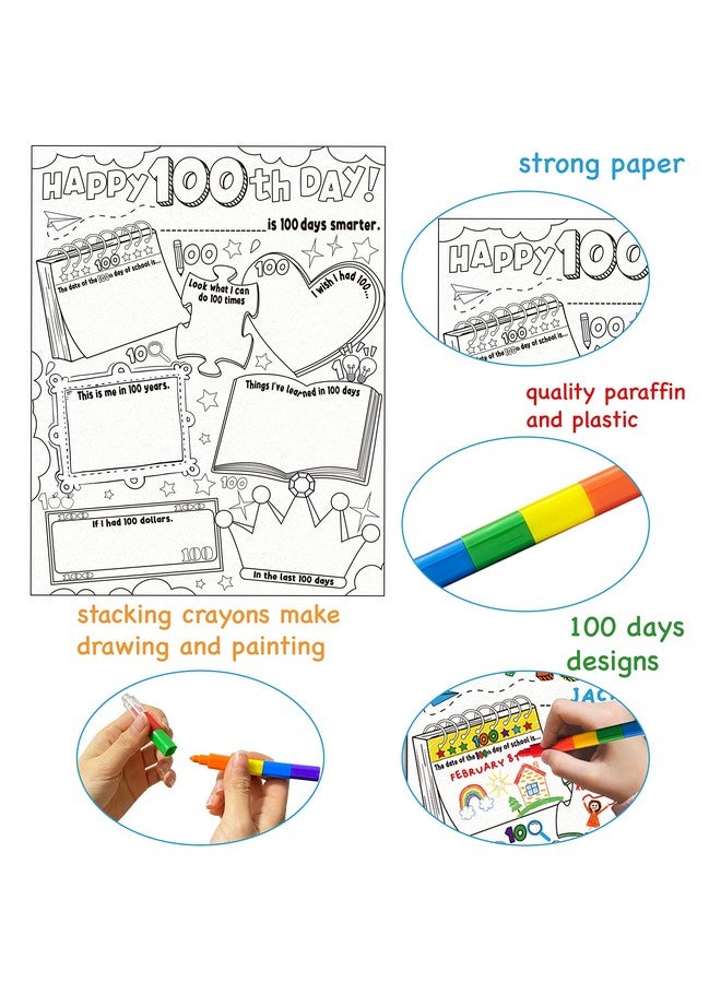 Cinrobiye 30 Pcs Happy 100th Day Coloring Poster Pack with 30 Stacking Crayons for School Party Favors，100 Days of School Ideas Project Chart Fill in Poster School Craft Classroom Activities Supply - Image 3