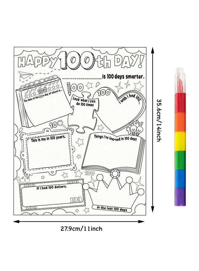 Cinrobiye 30 Pcs Happy 100th Day Coloring Poster Pack with 30 Stacking Crayons for School Party Favors，100 Days of School Ideas Project Chart Fill in Poster School Craft Classroom Activities Supply - Image 2