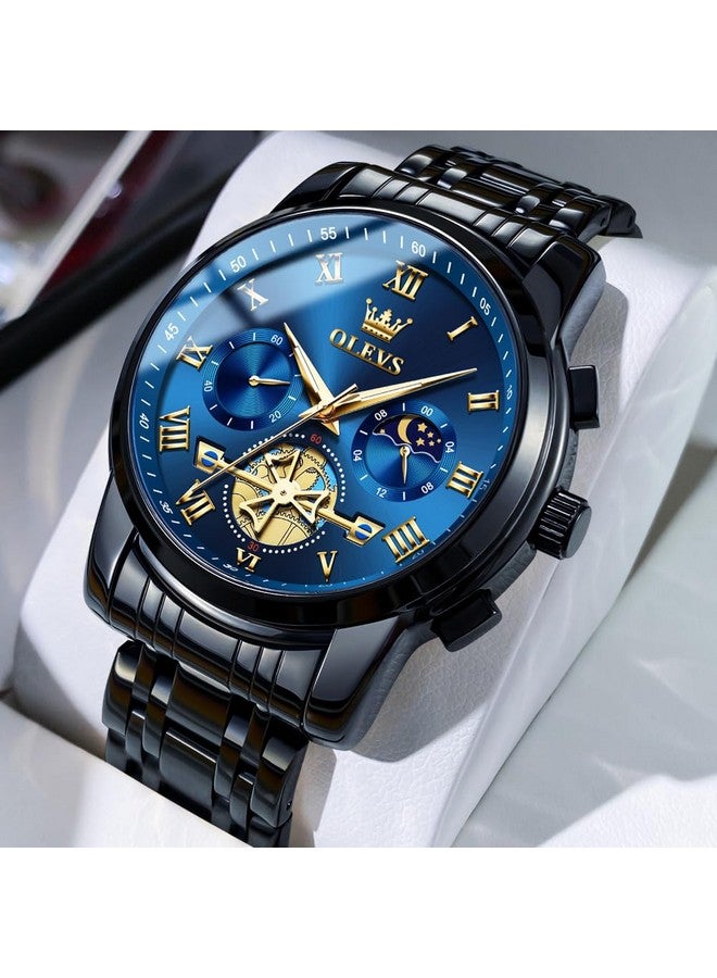 OLEVS Watches for Men Chronograph Business Blue Black Wrist Watches Analog Quartz Moon Phase Stainless Steel Waterproof Luminous Dress Watches - Image 3