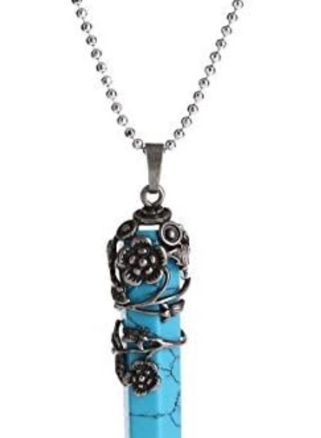 klarako Fashion Healing Alloy Necklace Jewelry Silver Flower Wrapped Crystal Blue Gemstone Pendant