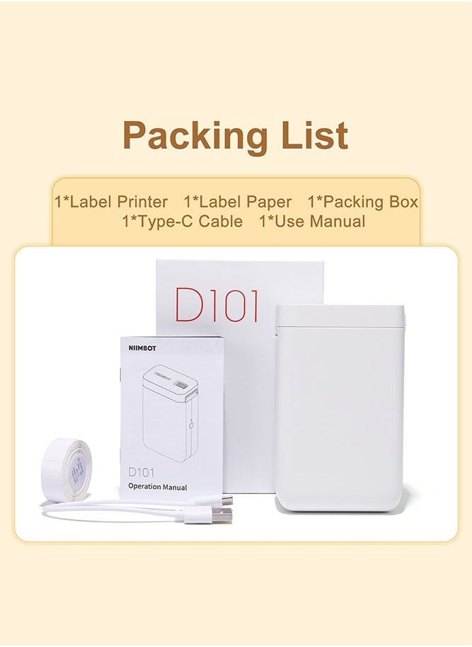 NIIMBOT - D101 Label Maker Machine Inkless Label Printer with 10-25mm Print Width, Handheld Thermal Label Maker with 1 Roll 12*40mm Tape, Multiple Templates Available Effortless for Phone Pad Labeling Made Easy, Prtable for School, Office and Home Organization USB Rechargeable, White - Image 1
