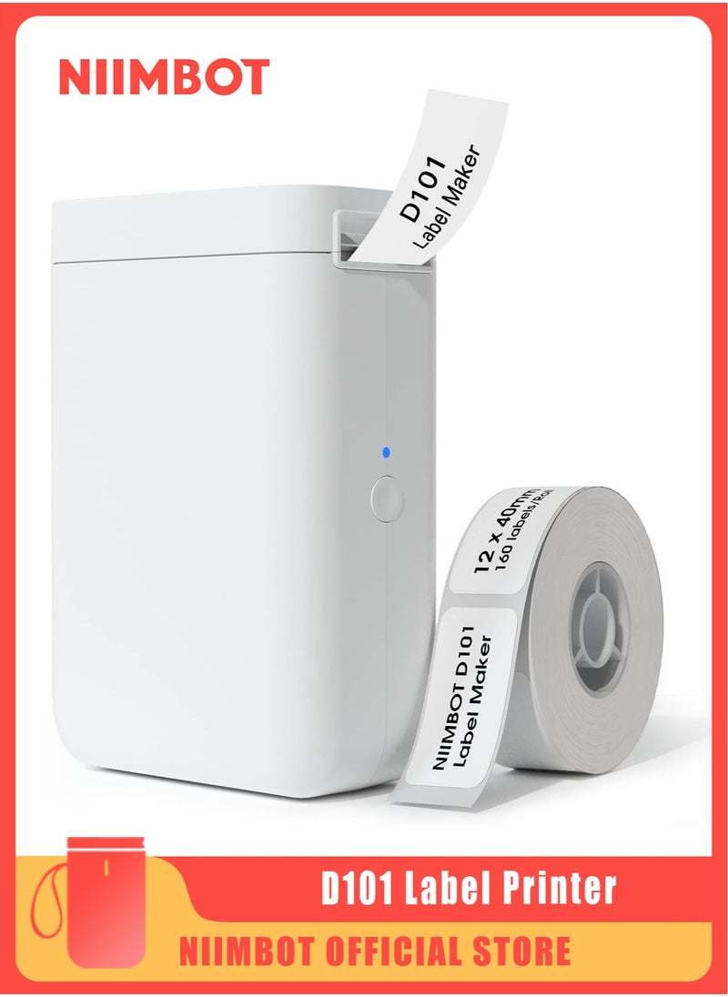 NIIMBOT - D101 Label Maker Machine Inkless Label Printer with 10-25mm Print Width, Handheld Thermal Label Maker with 1 Roll 12*40mm Tape, Multiple Templates Available Effortless for Phone Pad Labeling Made Easy, Prtable for School, Office and Home Organization USB Rechargeable, White - Image 1