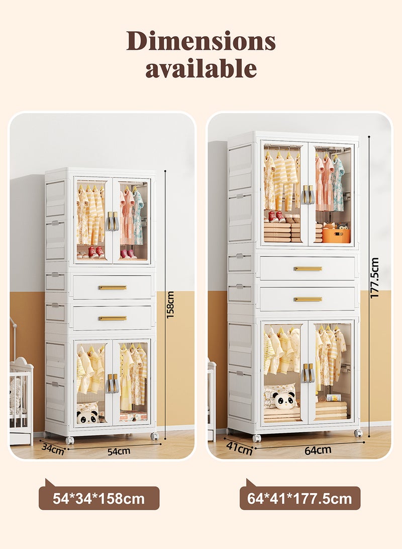 Ollieroo خزانة تخزين بلاستيكية modular – PP/PET/ABS مكونة من 2 خزانة و2 درج مع قضيب تعليق و6 شماعات (ألوان عشوائية)، عجلات دوارة قابلة للقفل، مقابض مثبتة مسبقًا، وأبواب مغناطيسية لغرفة النوم، أو الخزانة، أو غرفة المعيشة، 54 × 34 × 158 سم - Image 3