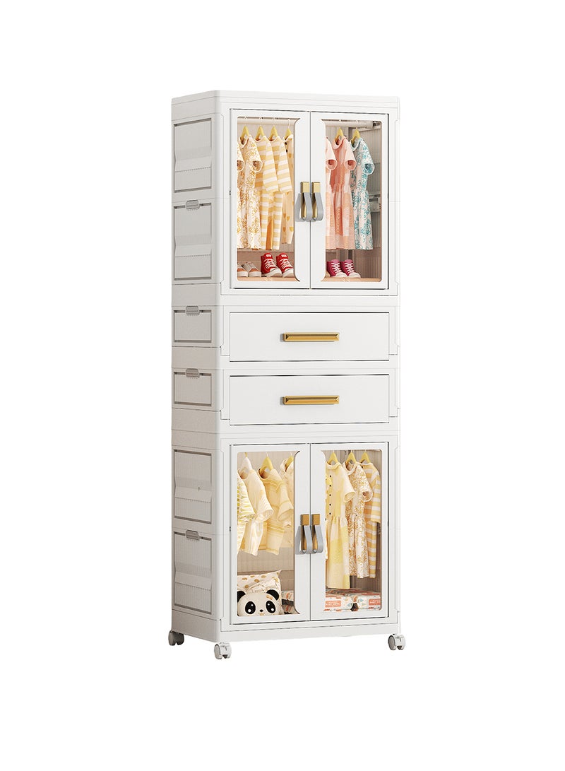 Ollieroo خزانة تخزين بلاستيكية modular – PP/PET/ABS مكونة من 2 خزانة و2 درج مع قضيب تعليق و6 شماعات (ألوان عشوائية)، عجلات دوارة قابلة للقفل، مقابض مثبتة مسبقًا، وأبواب مغناطيسية لغرفة النوم، أو الخزانة، أو غرفة المعيشة، 54 × 34 × 158 سم - Image 1