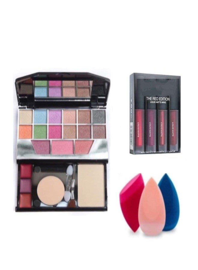 PROTya Fashion 5024 Multicolor Makeup Kit and 4in1 Liquid Matte Minis Lipsticks (Red Edition) with 3 Pcs Beauty Blenders - (Pack of 8) - Image 1