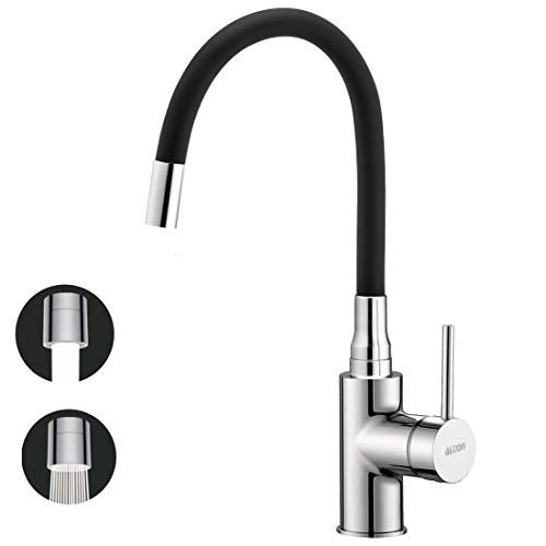 ALTON LEO12195 Brass Single Lever Sink Mixer with Dual Flow Flexible Swivel Spout, Black & Chrome Finish - Image 1
