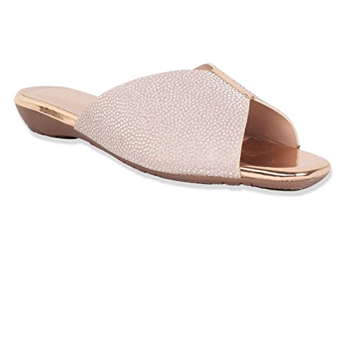 XE Looks Women's Gold Trendy Ladies' Slip-On Sandals | Elegant -Toned Textured Design | Soft Cushioned Sole for Comfort | Lightweight Open-Toe Flat Sandals For Girls & Women - Image 2