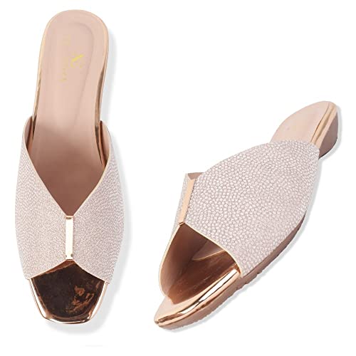 XE Looks Women's Gold Trendy Ladies' Slip-On Sandals | Elegant -Toned Textured Design | Soft Cushioned Sole for Comfort | Lightweight Open-Toe Flat Sandals For Girls & Women - Image 1