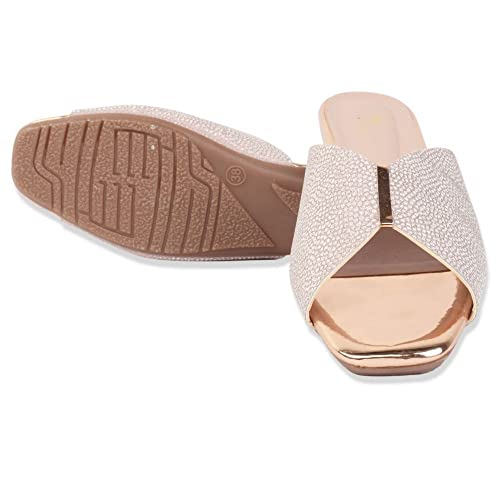 XE Looks Women's Gold Trendy Ladies' Slip-On Sandals | Elegant -Toned Textured Design | Soft Cushioned Sole for Comfort | Lightweight Open-Toe Flat Sandals For Girls & Women - Image 5