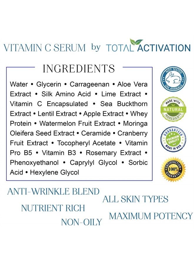 Total Activation Vitamin C Serum with Aloe Vera & Vitamin E, Anti-Oxidant, Anti Wrinkle, Anti Aging, Skin Nourishment Day and Night Boost Collagen Production Fine Lines Soothing Hydration 2oz - Image 3