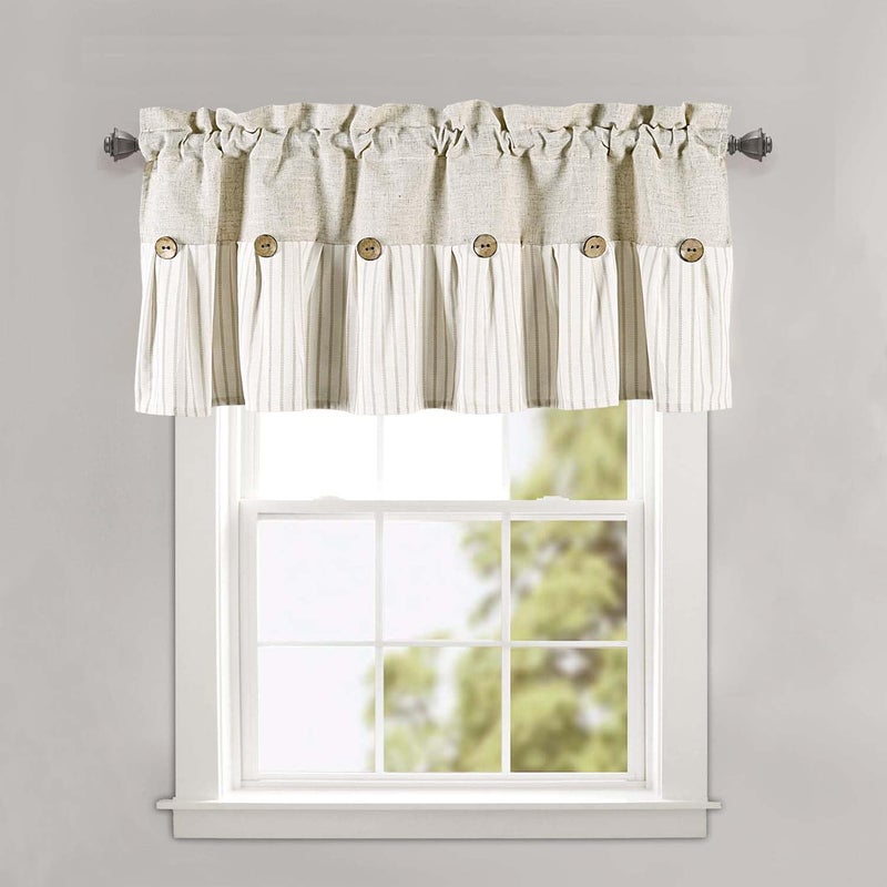 DOSLY IDÃ‰ES Farmhouse Rustic Beige Cotton Blend Valance, Striped Pleated Design with Coconut Buttons, Multi-Room Window Treatment for Kitchen, Living Room, Bedroom, 52" W x 18" L - Image 1
