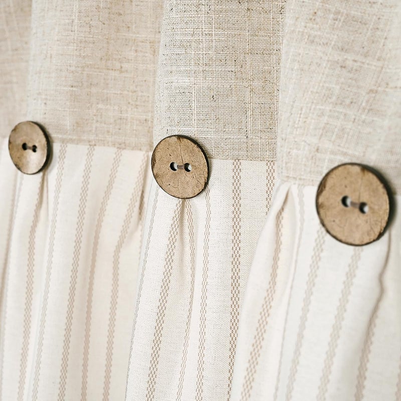 DOSLY IDÃ‰ES Farmhouse Rustic Beige Cotton Blend Valance, Striped Pleated Design with Coconut Buttons, Multi-Room Window Treatment for Kitchen, Living Room, Bedroom, 52" W x 18" L - Image 2