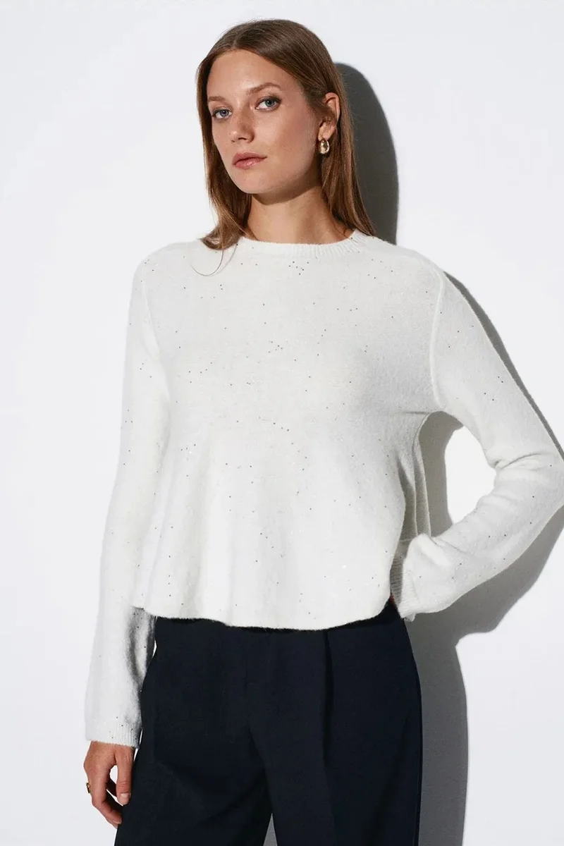 Dilvin Dusty White DILVIN Women's Frilly Crew Neck Knit Sweater for Women | Best Price UAE