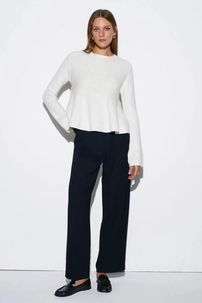 Dilvin Dusty White DILVIN Women's Frilly Crew Neck Knit Sweater for Women | Best Price UAE