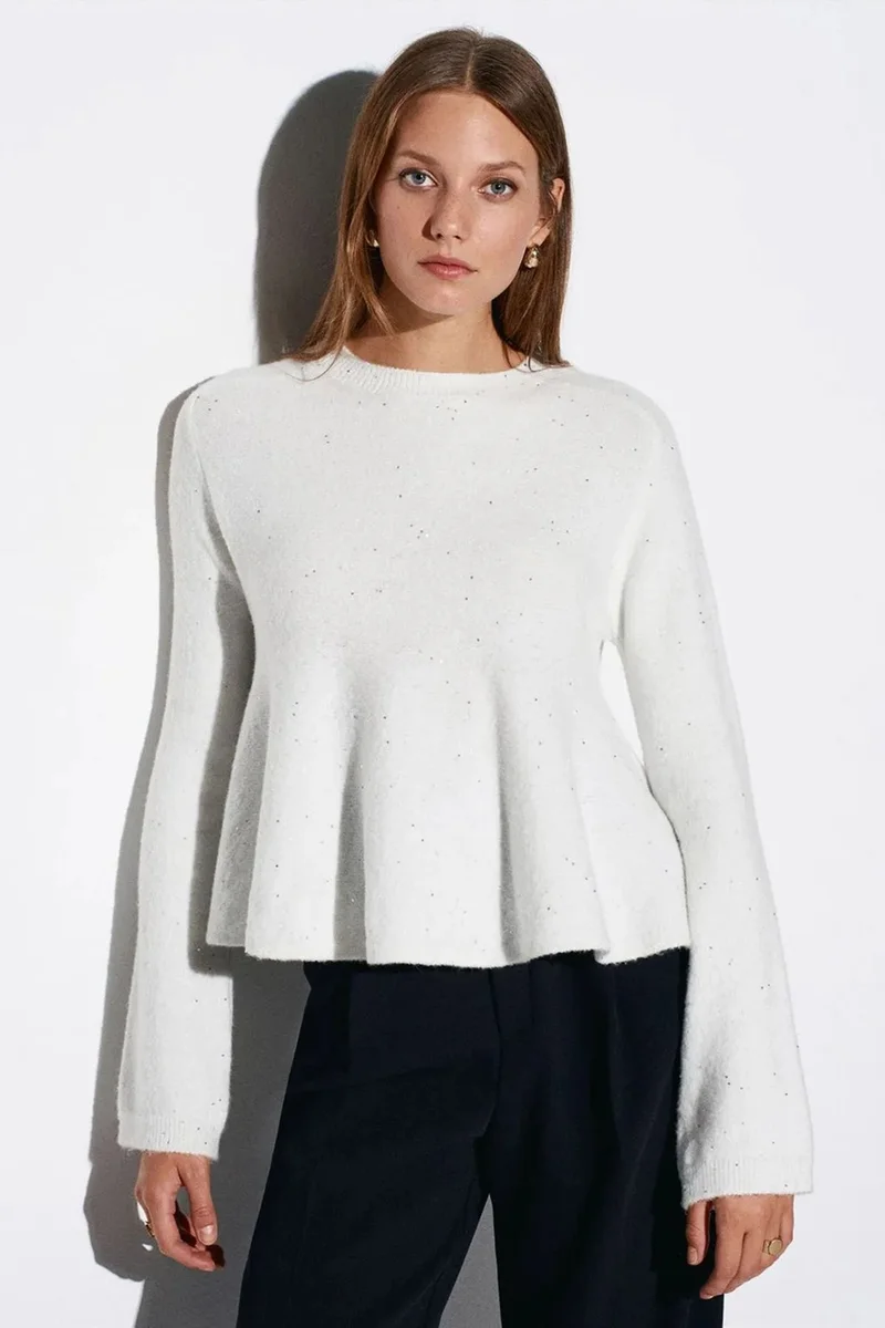 DILVIN Women's Frilly Crew Neck Knit Sweater