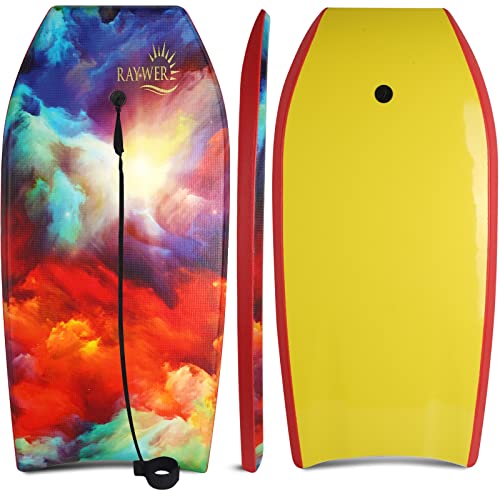 RAYWER Body Board Lightweight with EPS Core HDPE Slick Bottom Leash Adjustable Wrist Rope Great Surfing for Kids and Adults Sky 33INCH
