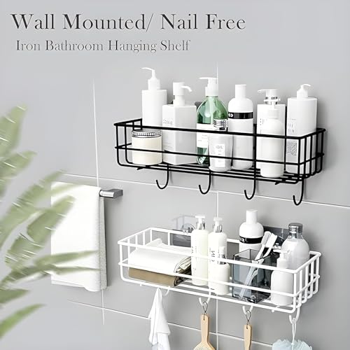 Boniry 2 Pcs Stainless Steel Bathroom Shelf for Wall | Self Adhesive Bathroom Organiser | 4 Hooks for Towel Holder | Space-Saving Wall Mounted Bathroom Shelf with Elegant Design - Image 3