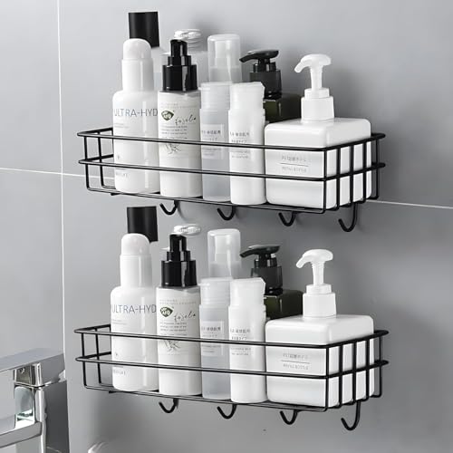 Boniry 2 Pcs Stainless Steel Bathroom Shelf for Wall | Self Adhesive Bathroom Organiser | 4 Hooks for Towel Holder | Space-Saving Wall Mounted Bathroom Shelf with Elegant Design - Image 1