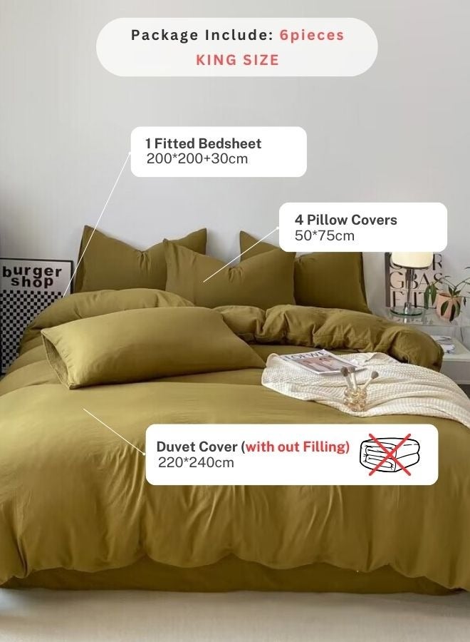 LUNA Home King Size 6 piece Bedding Set Without Filling, Washable Cotton Khaki Color. - Image 2