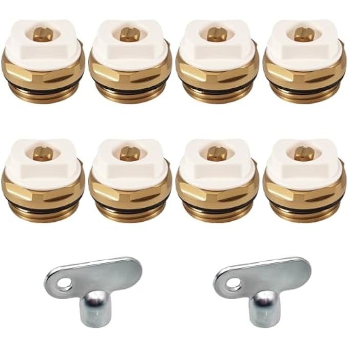 PACK OF 8 RADIATOR VENT VALVES WITH 2 BLEED KEYS, 1/2 INCH BRASS HEATING DRAINAGE VALVE, BRASS SEALING PLUG, MANUAL HEATING VALVE - Image 1