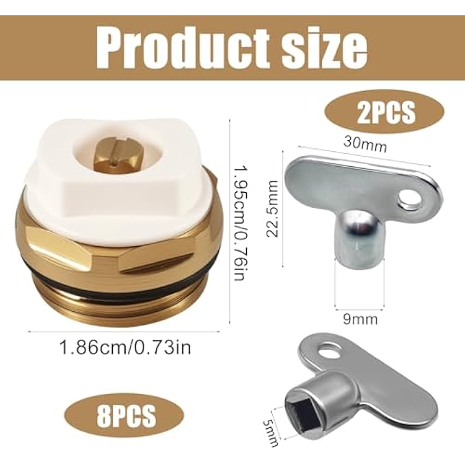 PACK OF 8 RADIATOR VENT VALVES WITH 2 BLEED KEYS, 1/2 INCH BRASS HEATING DRAINAGE VALVE, BRASS SEALING PLUG, MANUAL HEATING VALVE - Image 3