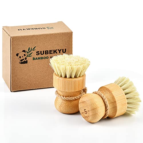 SUBEKYU Bamboo Dish Scrub Brushes for Kitchen, Wooden Cleaning Scrubbers Set for Washing Cast Iron Pan/Pot, Natural Sisal Bristles, Set of 2 - Image 1