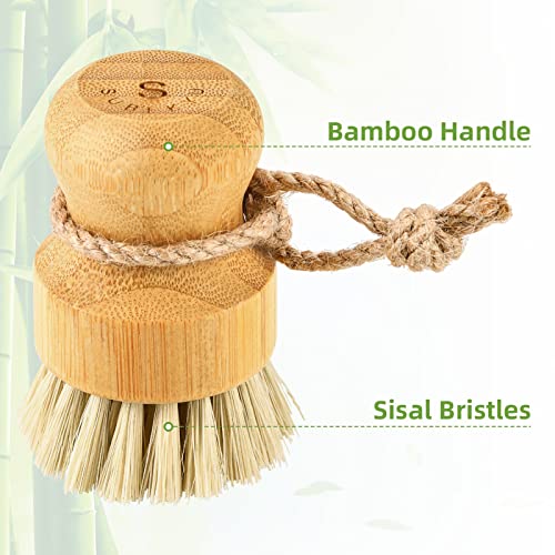 SUBEKYU Bamboo Dish Scrub Brushes for Kitchen, Wooden Cleaning Scrubbers Set for Washing Cast Iron Pan/Pot, Natural Sisal Bristles, Set of 2 - Image 5