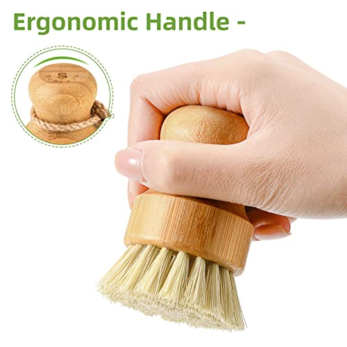 SUBEKYU Bamboo Dish Scrub Brushes for Kitchen, Wooden Cleaning Scrubbers Set for Washing Cast Iron Pan/Pot, Natural Sisal Bristles, Set of 2 - Image 4