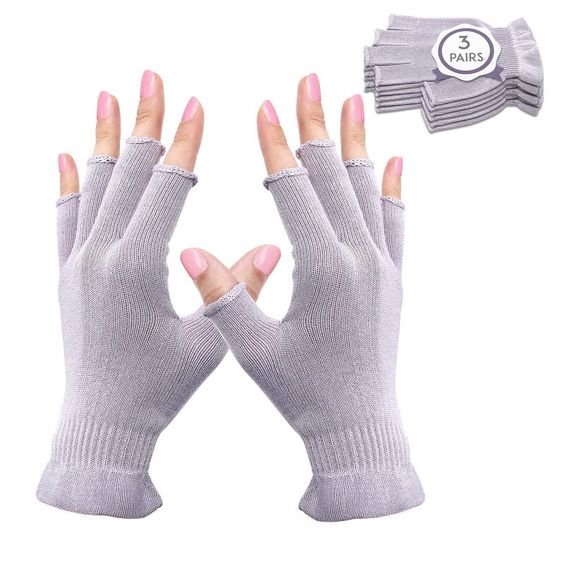 MIG4U 3 Pairs Fingerless Moisturizing Gloves Half Finger Touchscreen Beauty Glove for Eczema SPA Dry Hands Skin Treatment Summer Sun UV Protection Pale Purple LXL