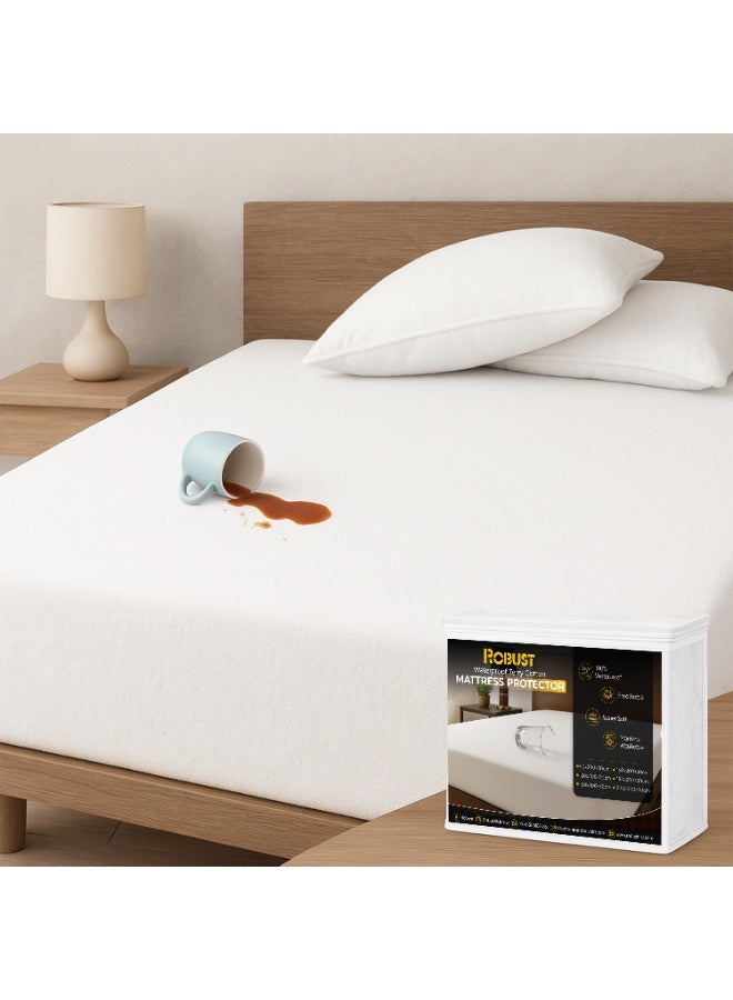 Robust 100% Waterproof Mattress Protector - Soft Cotton Terry Surface, Breathable & Noiseless Fitted Mattress Cover, Hypoallergenic Pad, Topper, Machine Washable Sheet