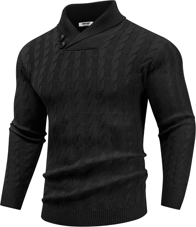 COOFANDY Men's Shawl Collar Pullover Sweater Slim Fit Casual Button Cable Knit Sweater - Black, 3XL - Image 1