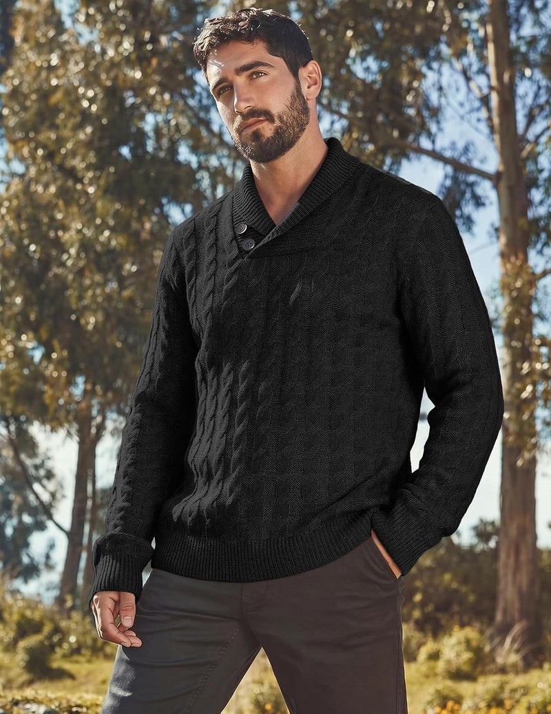 COOFANDY Men's Shawl Collar Pullover Sweater Slim Fit Casual Button Cable Knit Sweater - Black, 3XL - Image 2