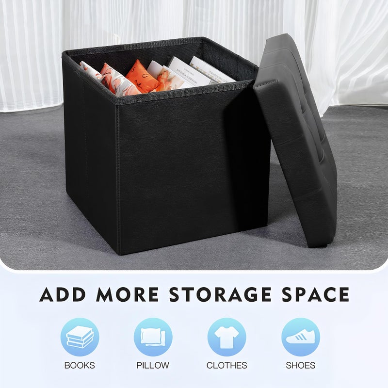 B FSOBEIIALEO Storage Ottoman Small Cube, Foot Rest Seat Faux Leather Dorm Room Ottoman Black 12.6"X12.6"X12.6" (2 Pack) - Image 2